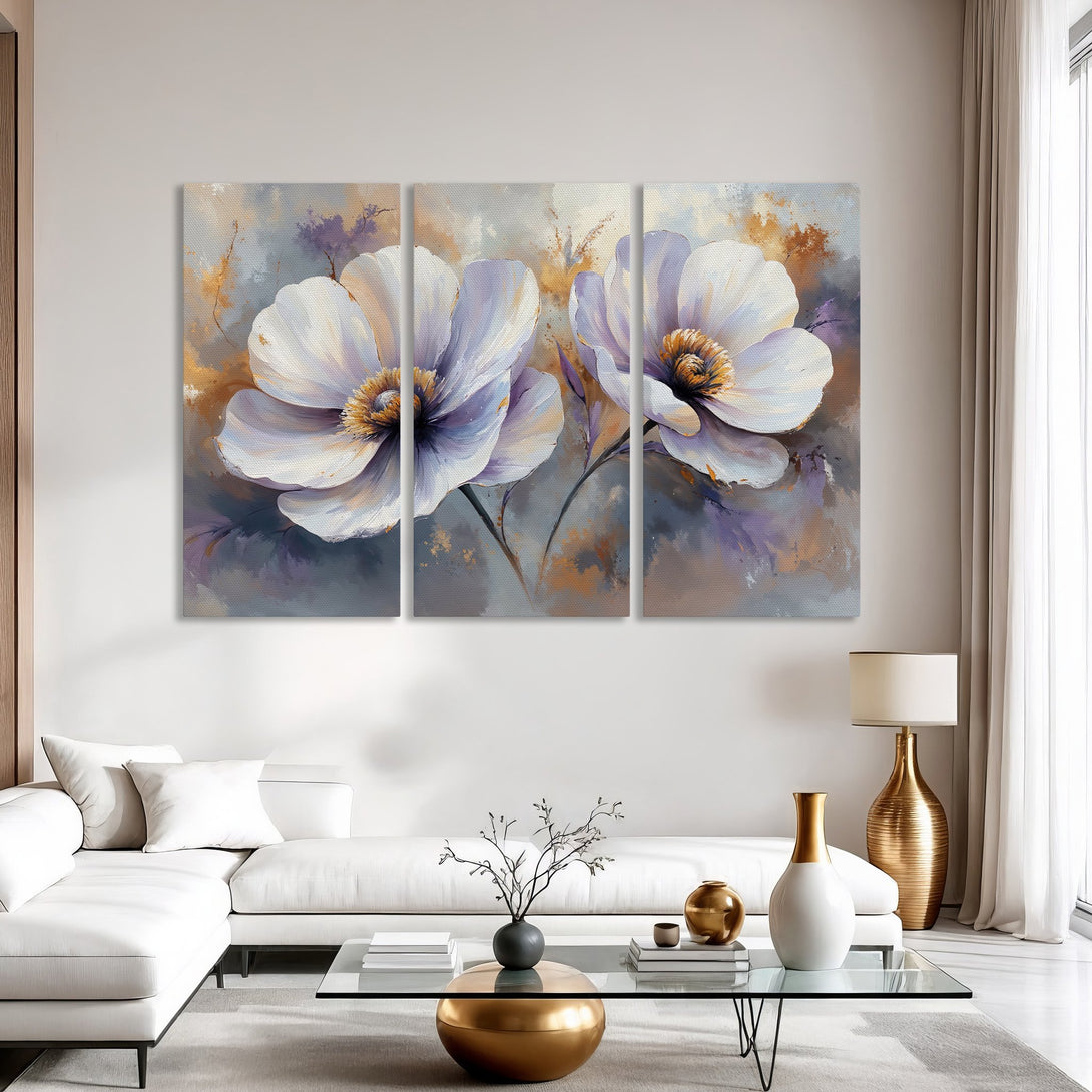 Canvas Print of elegant white floral art with gold and purple accents, perfect for modern home decor.