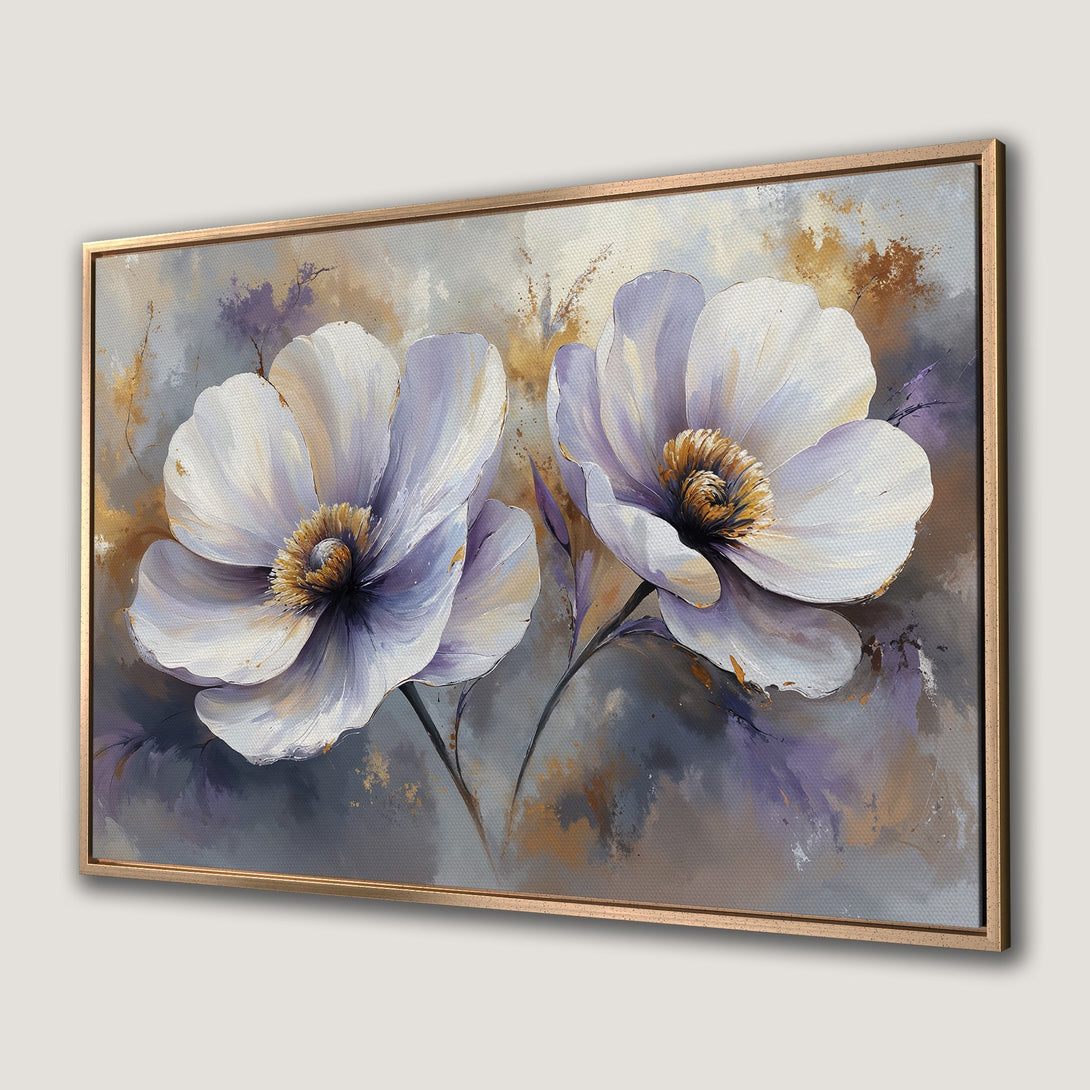 Framed Wall Art featuring elegant white floral painting with a soft, impressionistic style. Beautiful neutral color palette with gold accents.