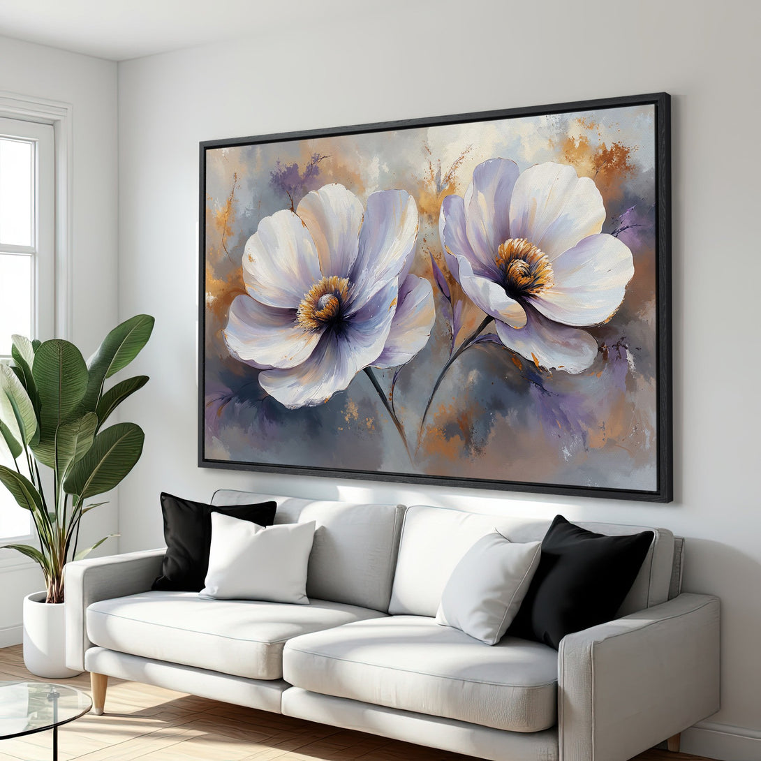 Framed Wall Art of elegant white flower painting. Soft, neutral color palette with gold accents. Perfect for modern home decor.
