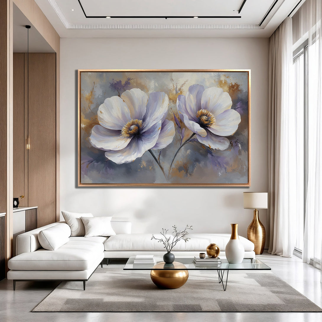 Framed Wall Art of elegant white floral painting in a modern interior. Soft, muted color palette with gold accents. Perfect for home decor.