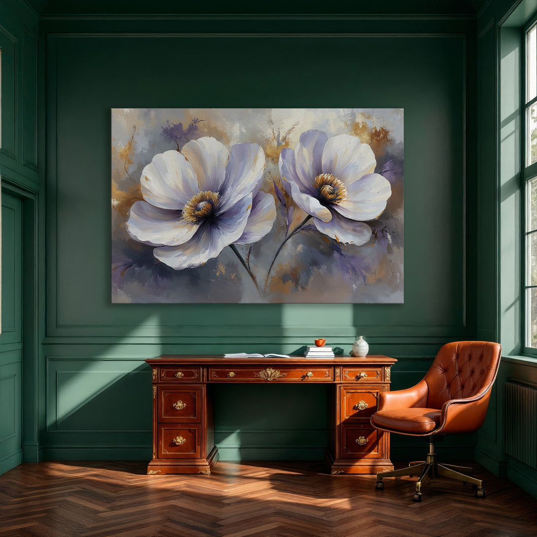 Framed Wall Art featuring elegant floral painting in soft white, gold, and purple hues. Perfect for adding a touch of sophistication to any space.