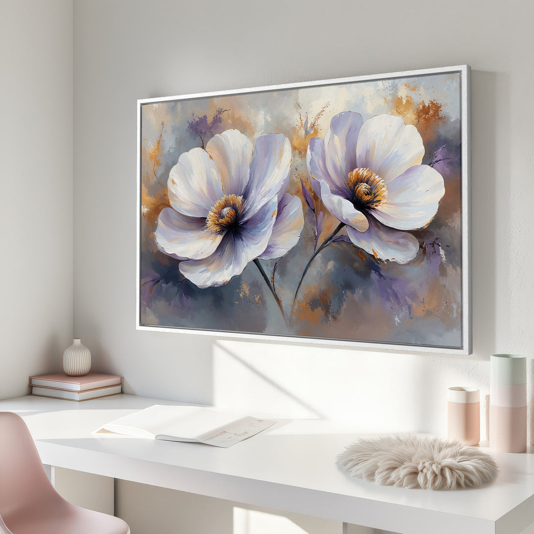 Framed Wall Art featuring elegant white floral painting with gold accents, perfect for modern home decor. Soft, neutral color palette.