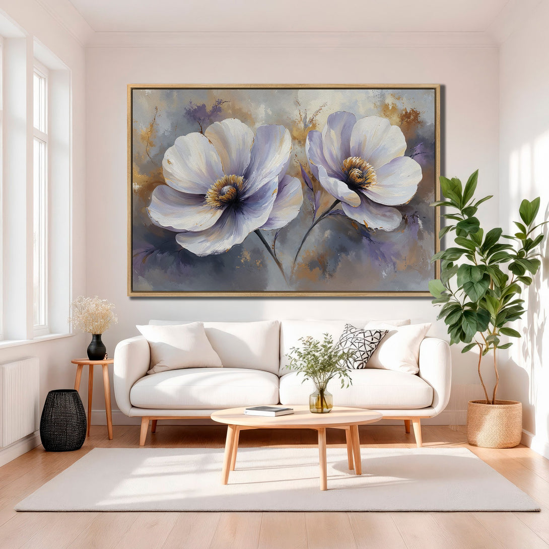 Framed Wall Art featuring elegant white floral painting in a modern interior. Soft, neutral color palette with touches of gold and purple. Elevate your space!