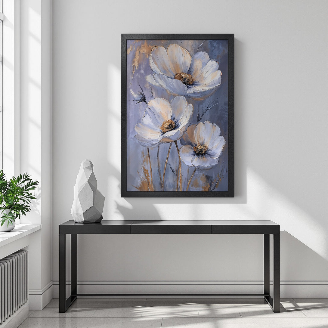 Framed Poster featuring white floral art with gold accents on a gray background. Modern style, perfect for home decor.
