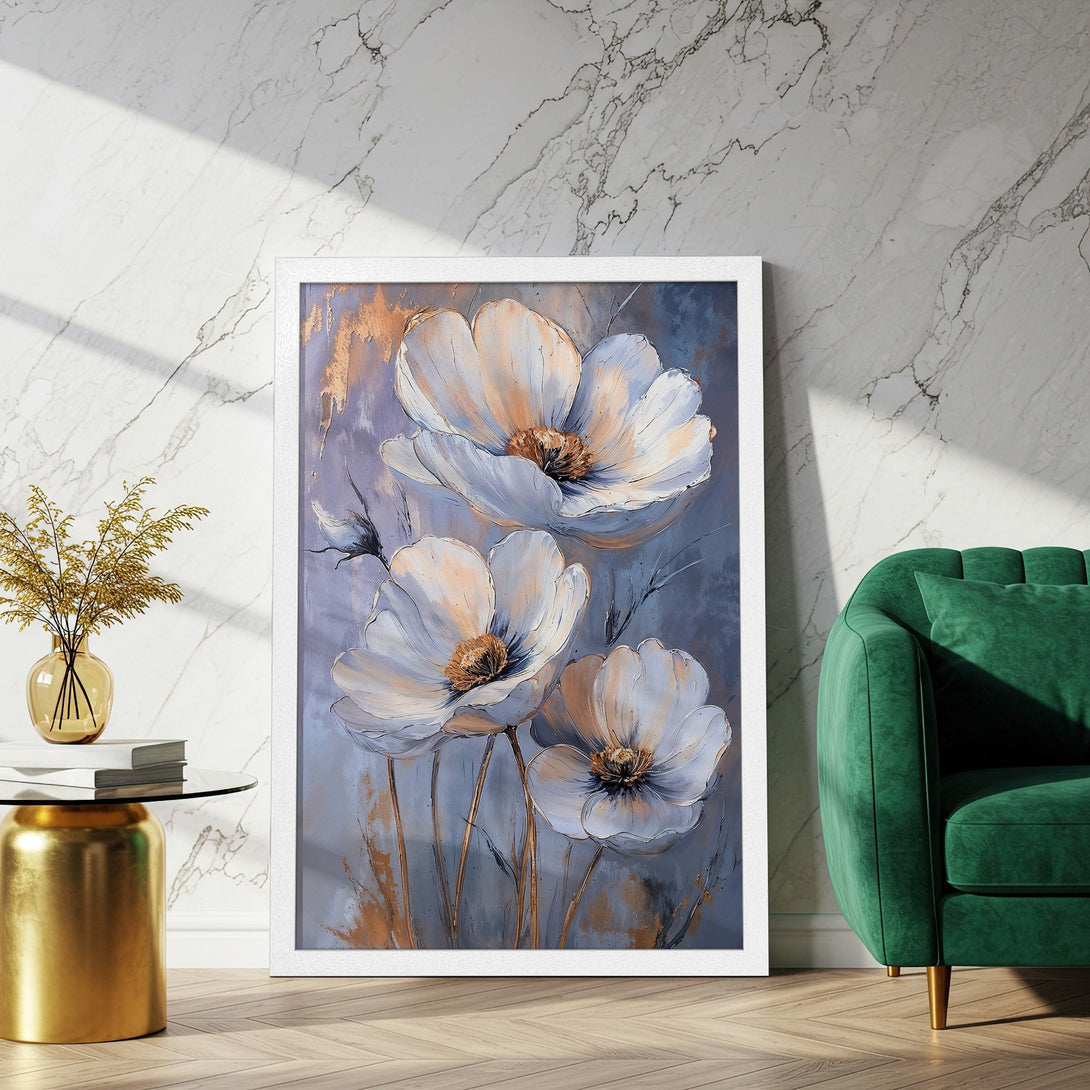 Framed Poster featuring elegant white flower art with gold accents, soft blue and neutral tones. Perfect wall decor!