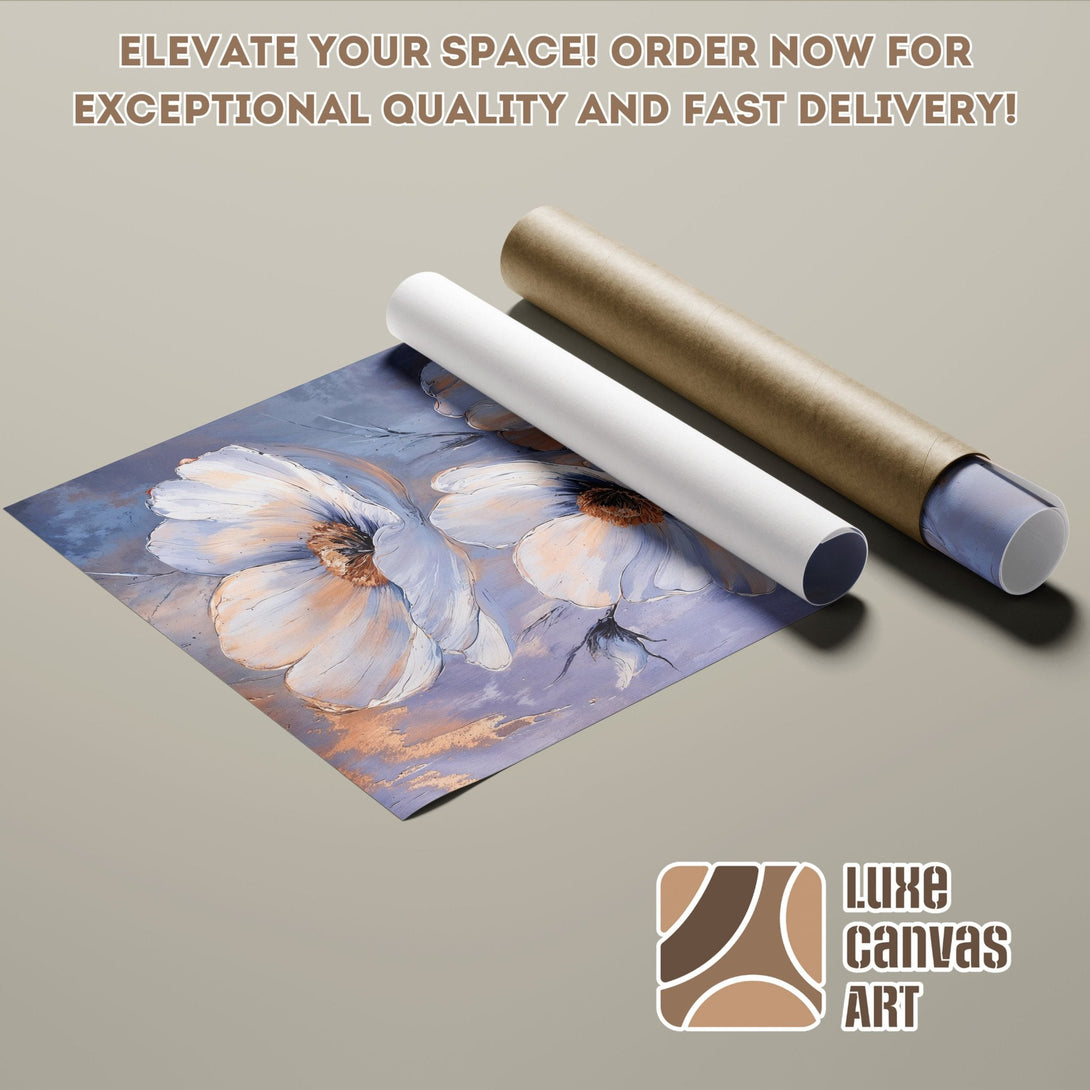 Floral art Poster Roll in pastel blue and gold tones, ready to elevate your space.