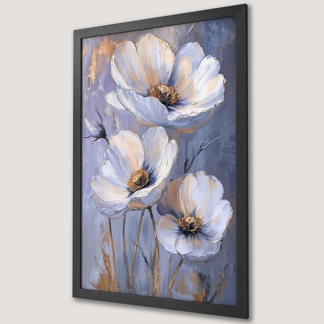 Framed Poster featuring elegant white flower art in a modern style with a soft blue and gold color palette, perfect for home decor.