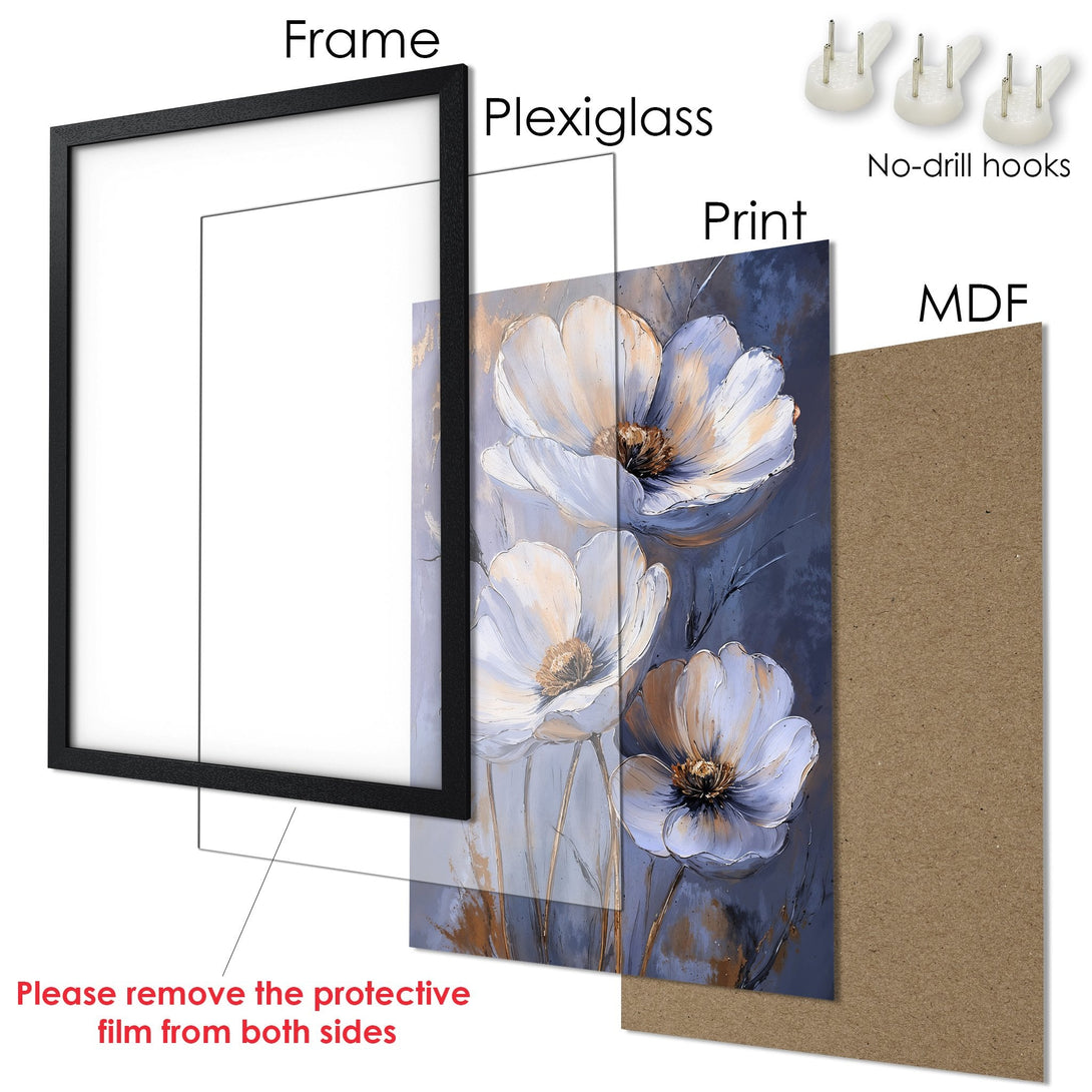Framed Poster featuring white floral art with a blue and gold color palette. Modern wall decor for your home.