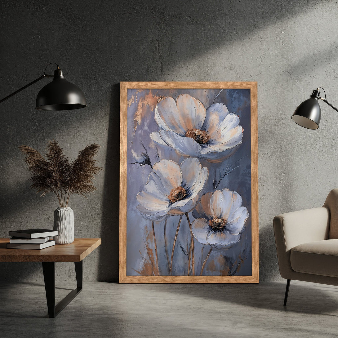 Framed Poster featuring white floral art with a blue and gold color palette, perfect for modern home decor.