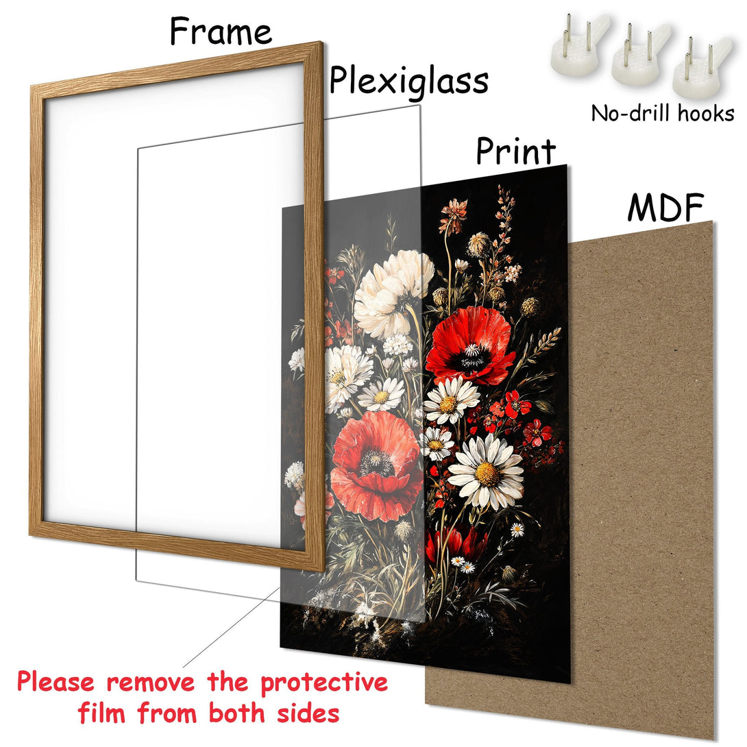 Framed Poster featuring a floral bouquet art print. Rich red, white, and black color palette. Enhance your home decor with this beautiful poster!
