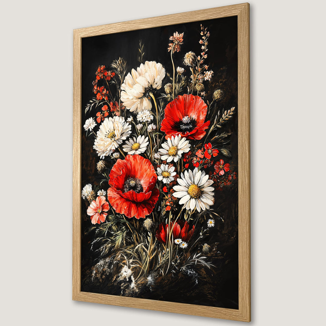Framed Poster of vibrant floral bouquet art. Features red poppies, daisies, and white flowers on a dark background. Perfect wall decor.