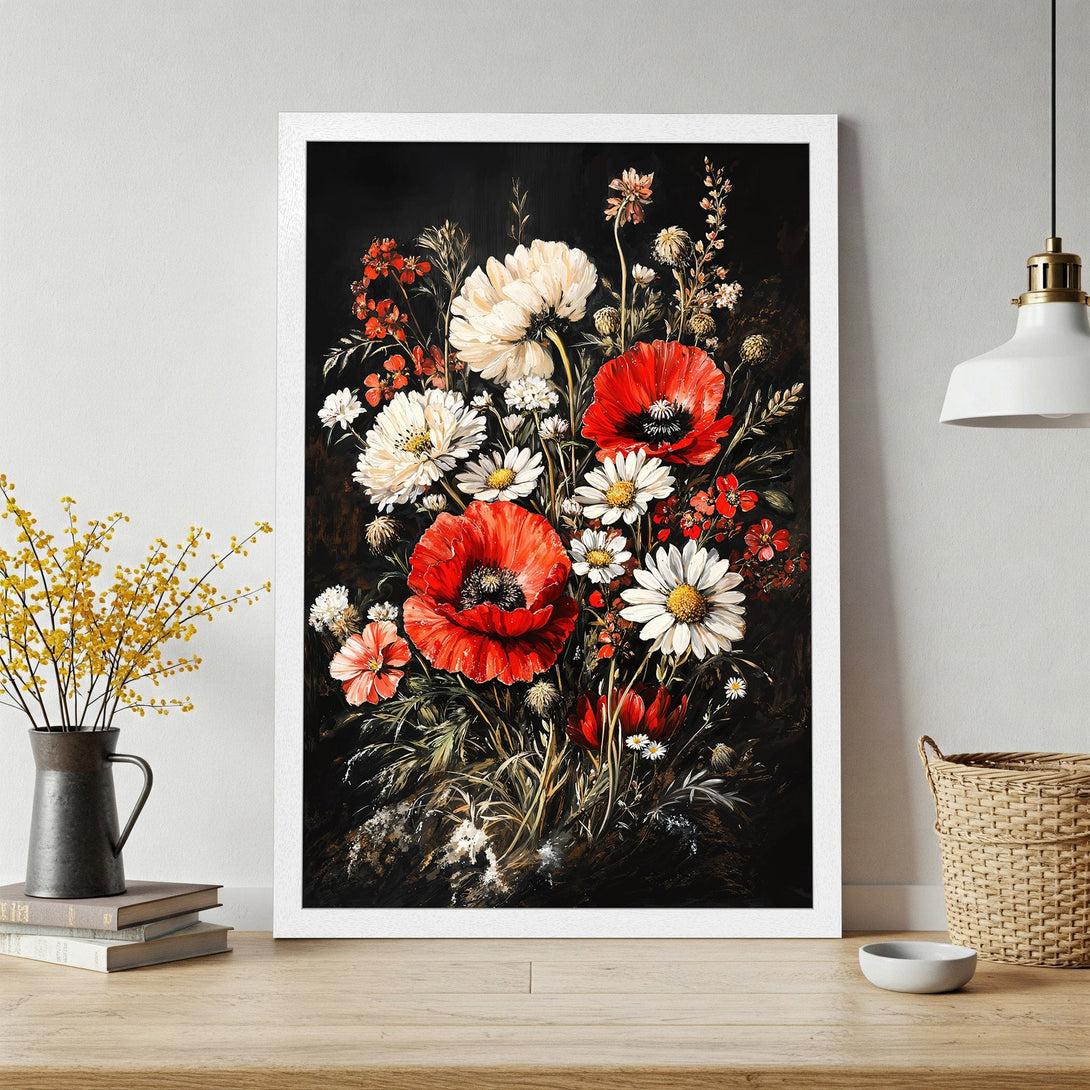 Framed Poster featuring a vibrant floral bouquet in a dark, painterly style with red, white, and black color palette.