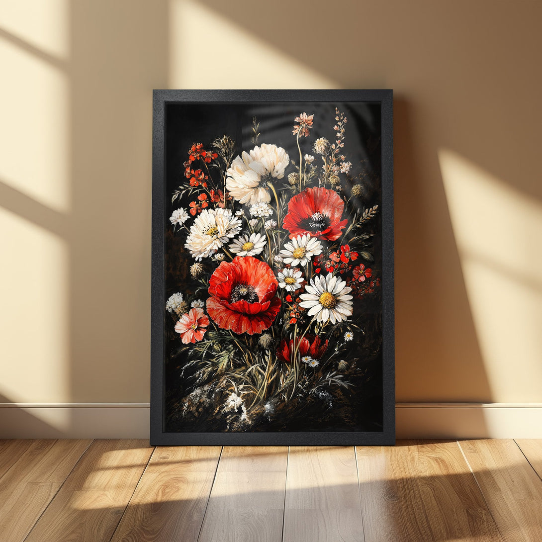Framed Poster featuring a vibrant floral bouquet in a dark, painterly style. Red, white, and green hues pop against a black background.