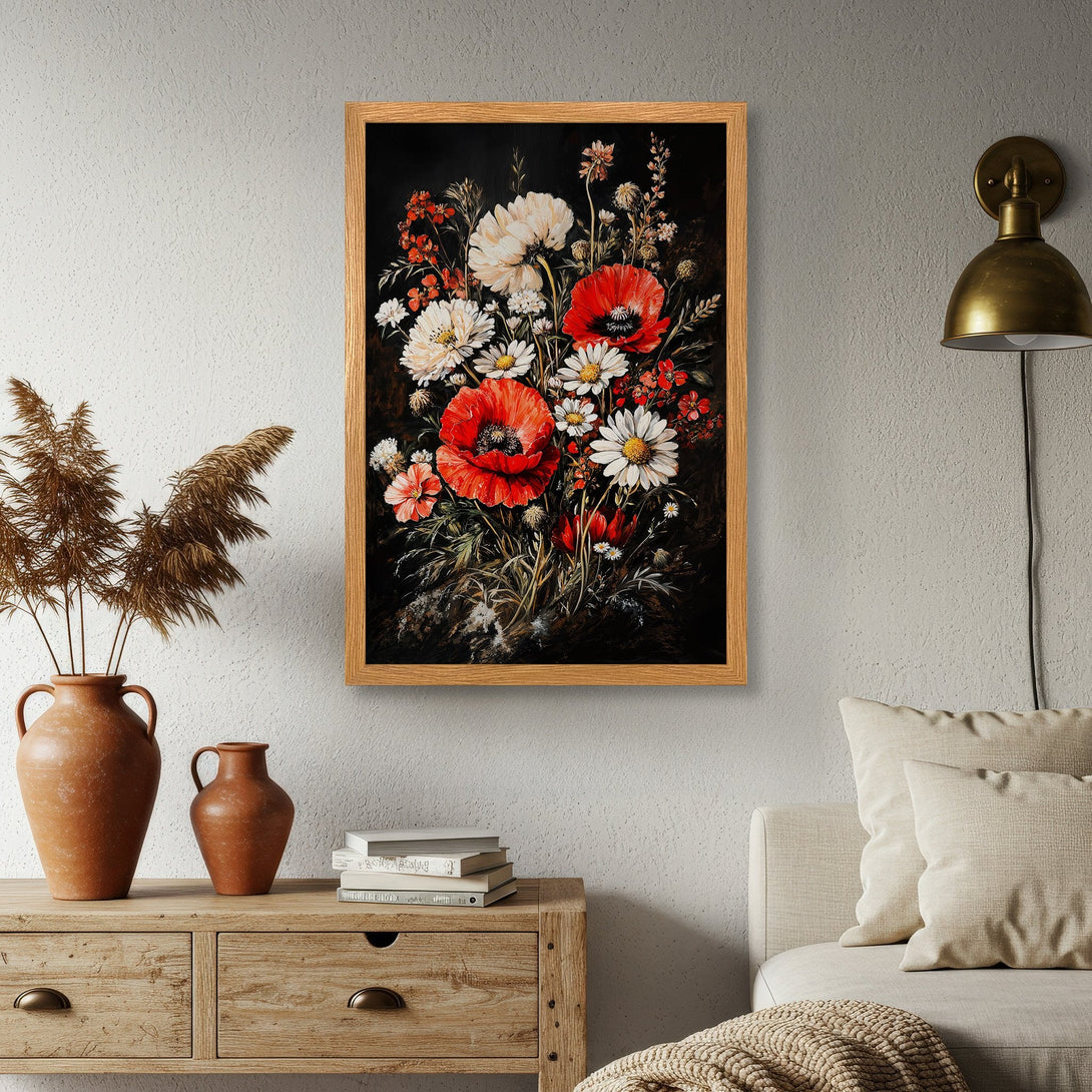 Framed Poster featuring a vibrant floral bouquet in a classic style with a rich red, white, and black color palette. Perfect wall art!