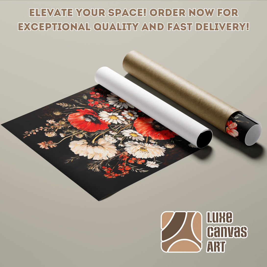 Floral Poster Roll art print with red, white, and black color palette. Elevate your space with our stunning poster art.