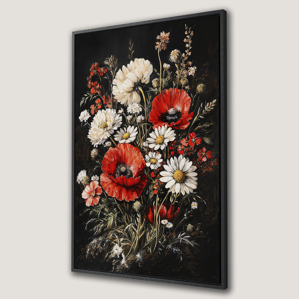 Framed Wall Art featuring a vibrant floral bouquet with red poppies and white daisies on a dark background. A stunning piece for any space!