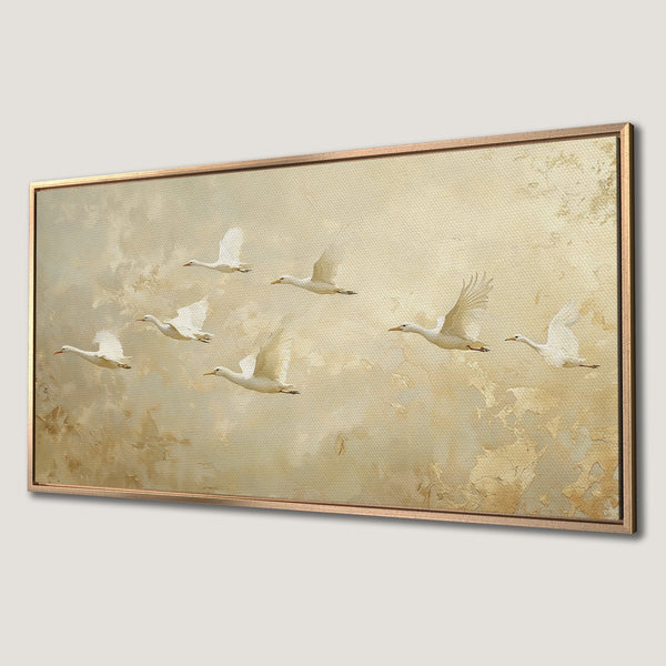 Framed Wall Art featuring flying birds in a vintage style, with a warm, neutral color palette. Perfect for adding elegance to any space.