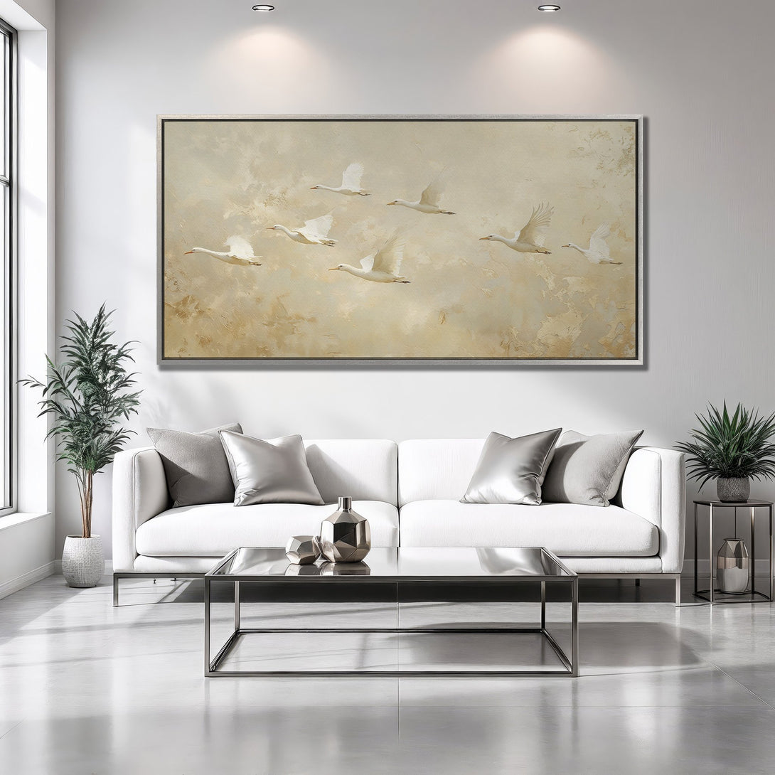 Framed Wall Art featuring elegant white birds in flight. Neutral beige and cream color palette. Perfect for modern home decor.
