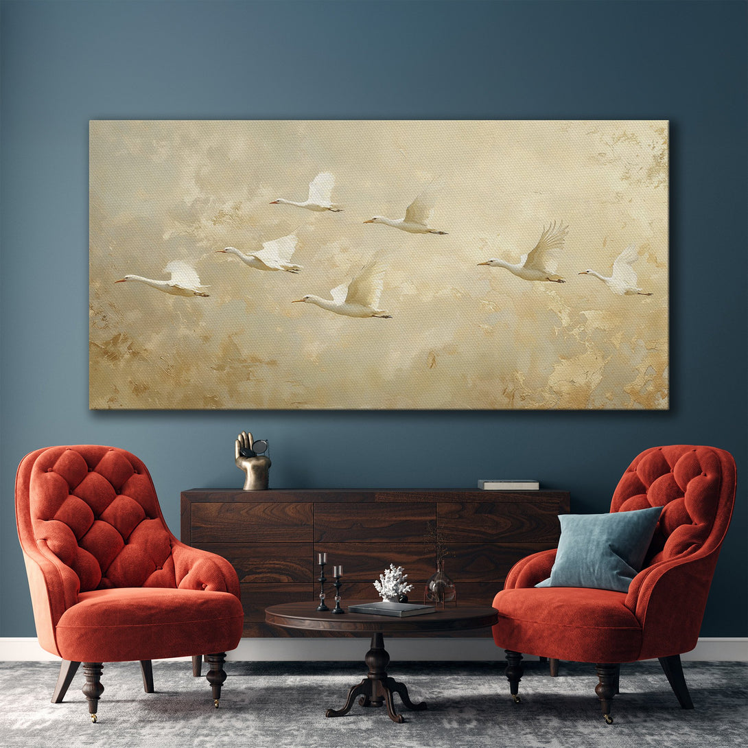 Framed Wall Art featuring flying swans in a soft, neutral color palette. Enhance your home with this elegant, modern canvas print.