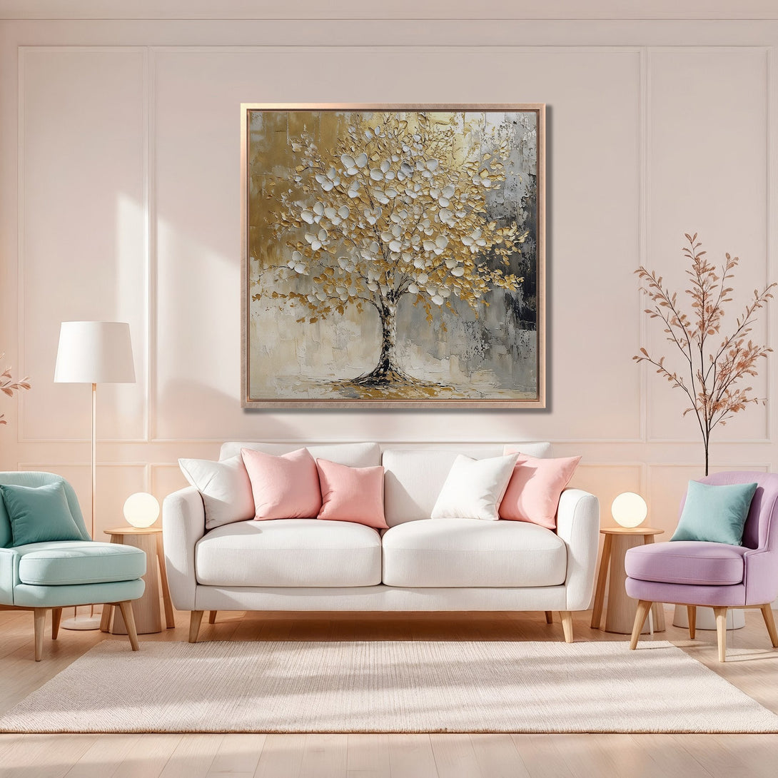 Framed Wall Art: Textured tree painting in gold and white, displayed in a modern living room. Adds a touch of elegance with a neutral color palette.