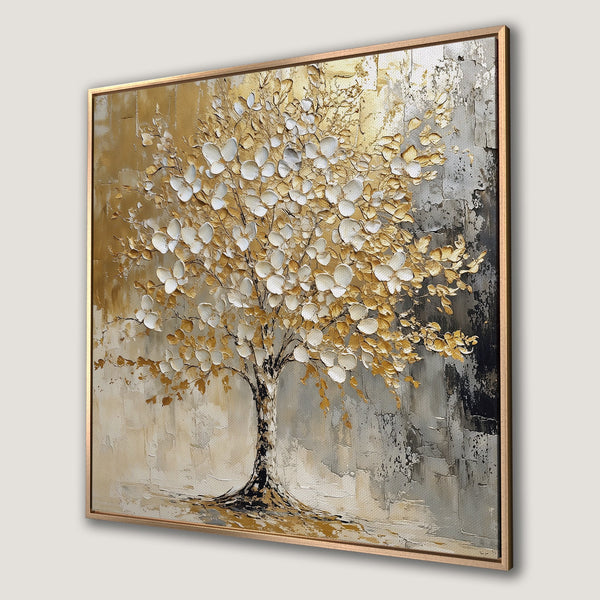 Framed Wall Art: Textured gold and white tree painting. Modern art canvas print with neutral color palette, perfect for home decor.