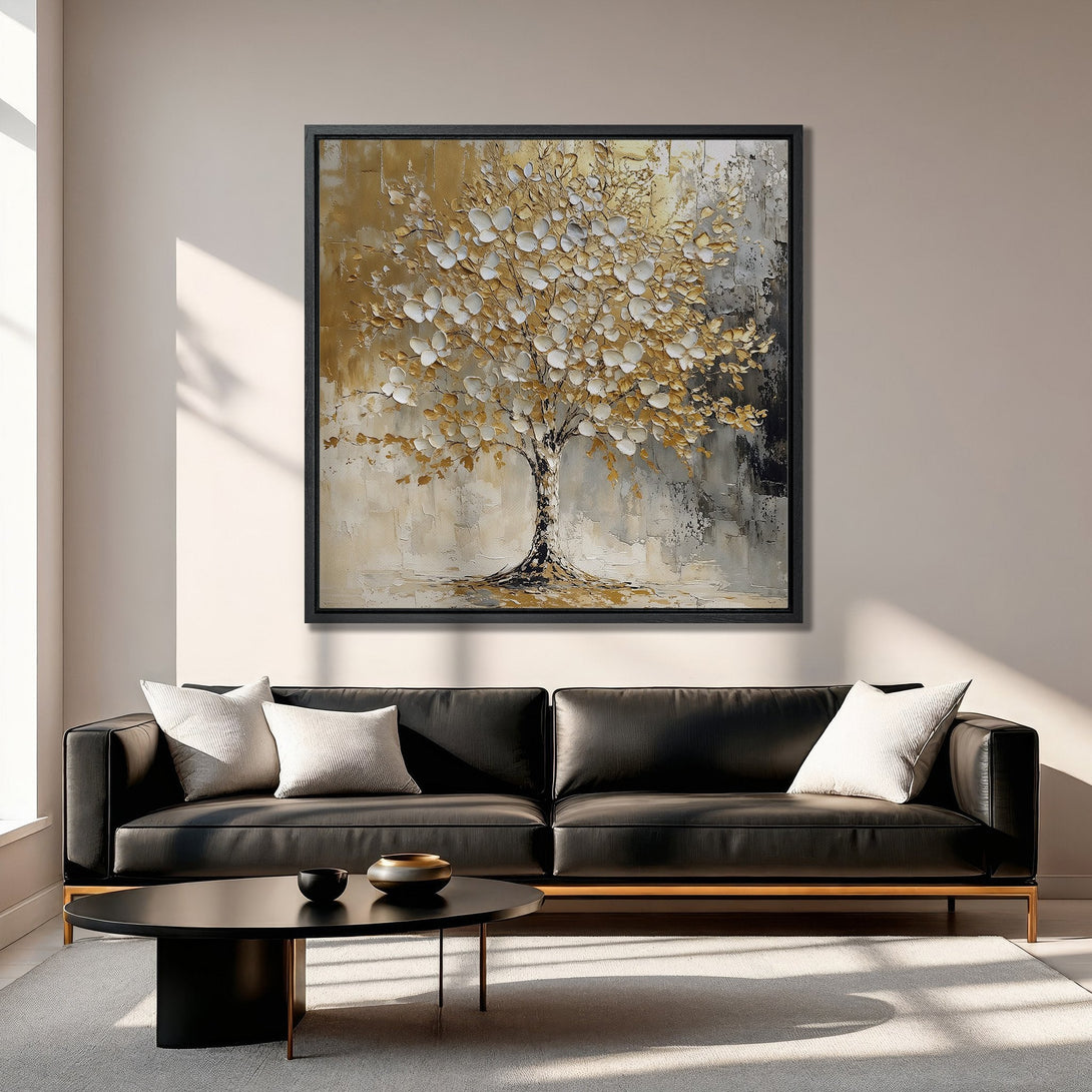 Framed Wall Art: Textured tree painting in gold, white, and gray tones. Modern abstract art for living room decor. Enhance your space with this stylish canvas print.