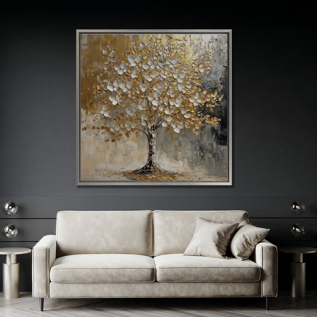 Framed Wall Art: Textured tree painting in gold, white, and gray. Modern abstract art for living room decor. Neutral color palette.