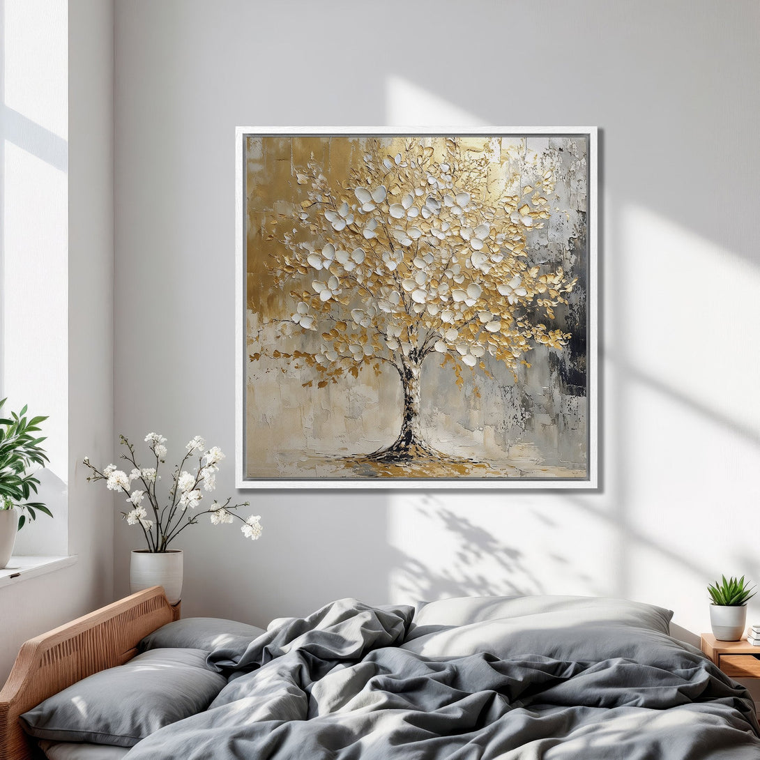 Framed Wall Art: Abstract tree painting in gold, white, and gray. Modern art canvas print adds elegance to bedroom decor.