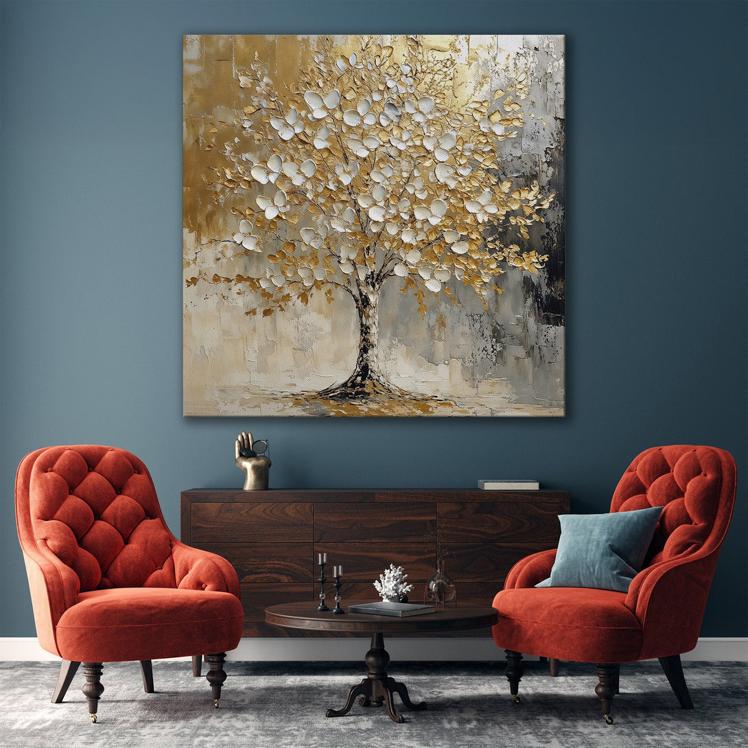 Framed Wall Art: Abstract tree painting in gold and white. Modern style with neutral color palette, perfect for living room decor.