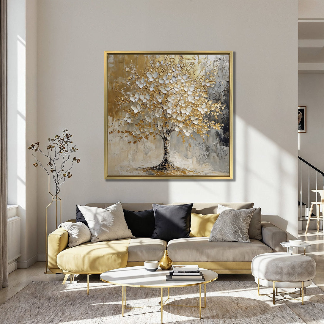 Abstract Canvas Print of a golden tree, perfect for modern home decor. Features a textured, impasto style with a warm, neutral color palette.