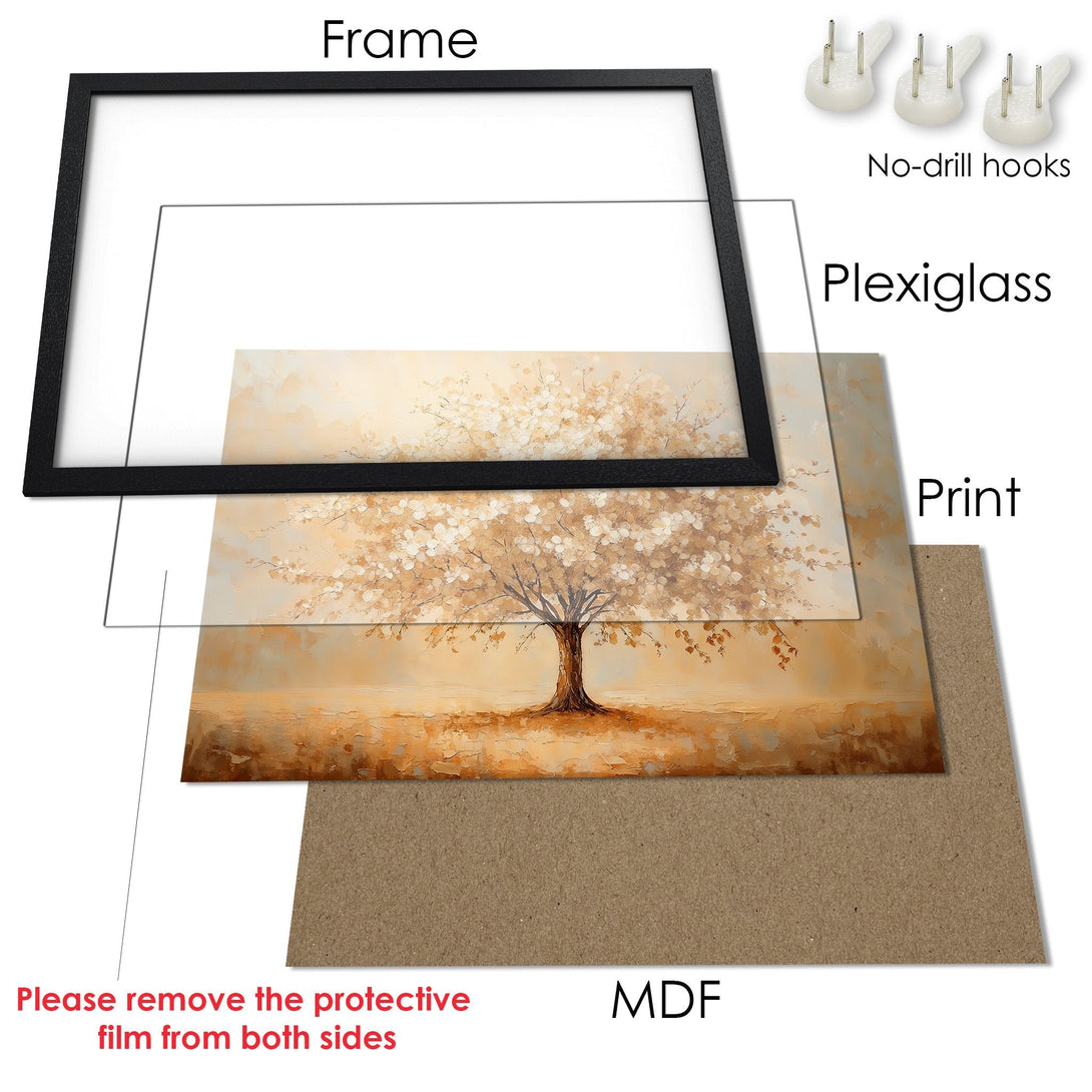 Framed Poster featuring a serene tree art print. Warm, earthy tones and a calming aesthetic for your home decor.