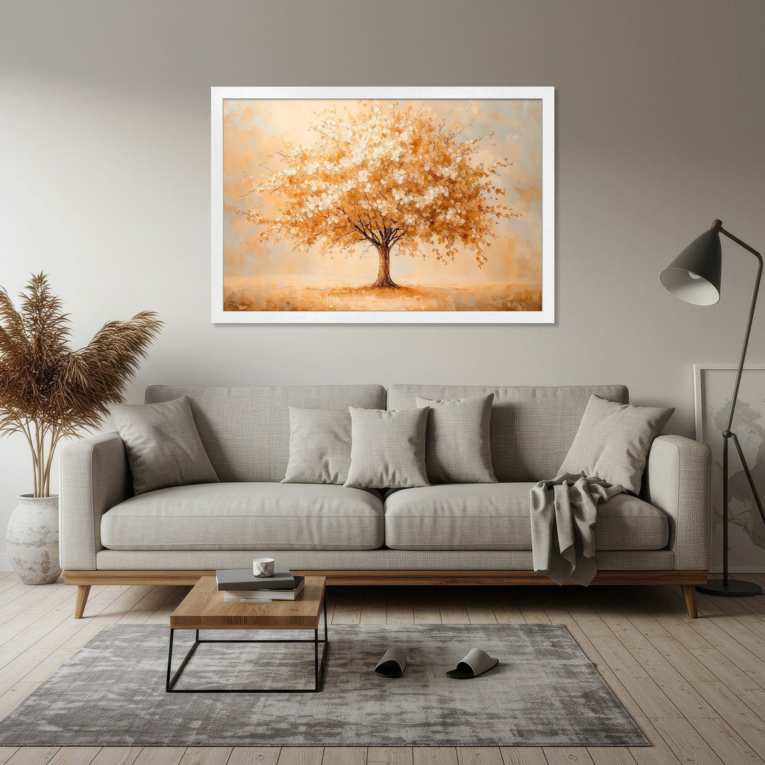 Framed Poster of a tree in warm orange tones, perfect for living room decor. Adds an artistic touch!