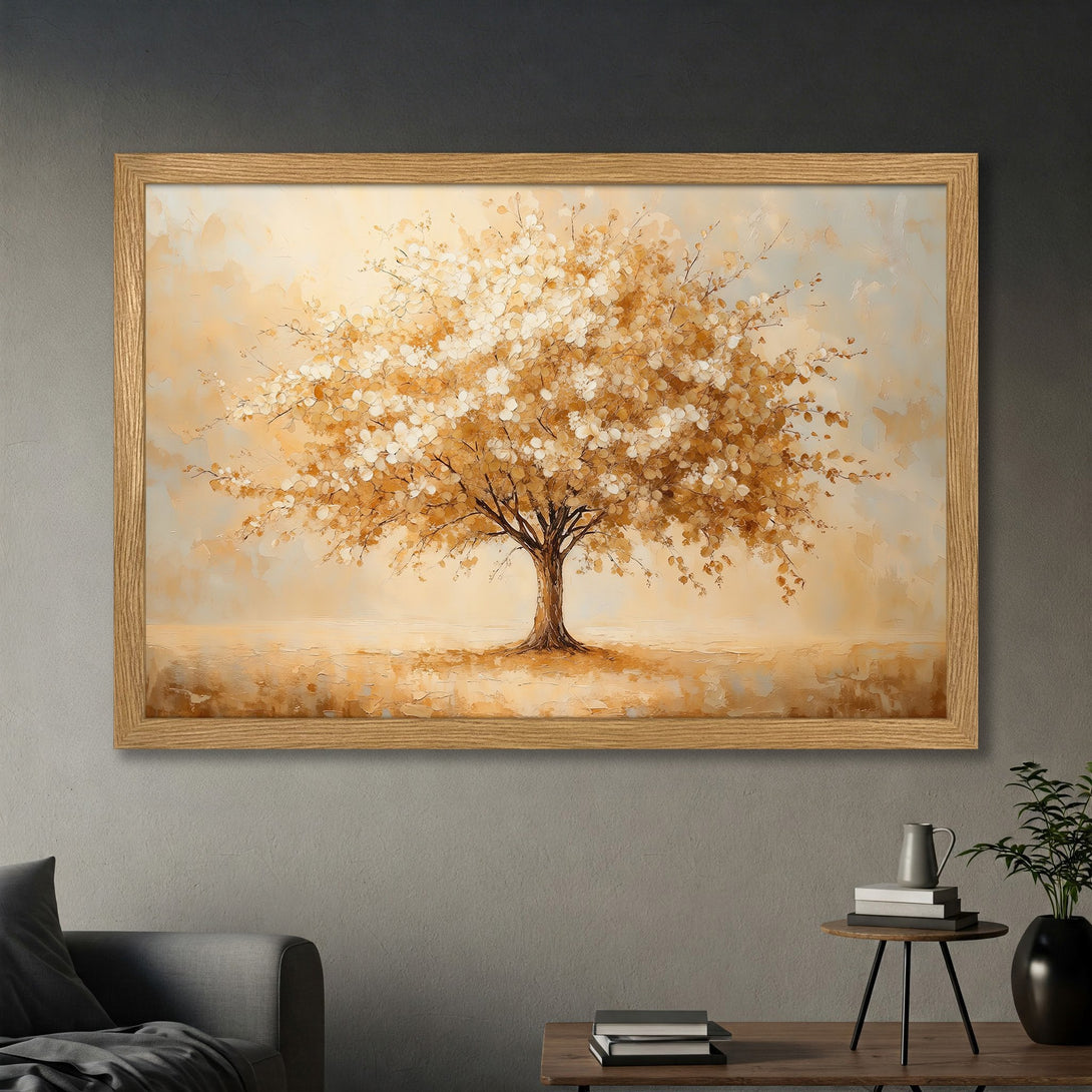 Framed Poster of a golden tree painting. Warm, neutral color palette. Perfect for adding a touch of nature & elegance to your space.