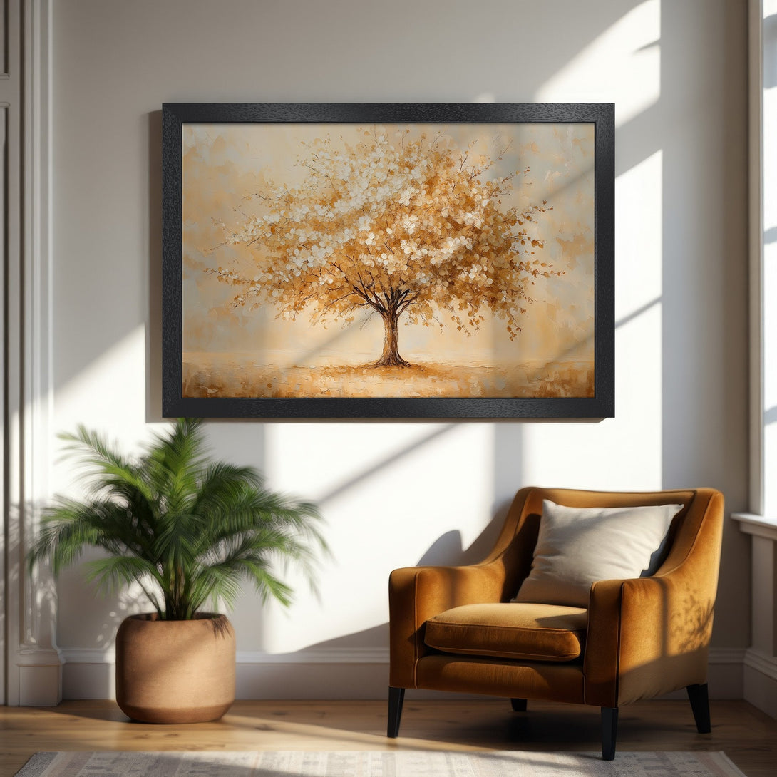 Framed Poster of a tree in warm tones. Perfect for adding a touch of nature to your home decor. Elegant and stylish.