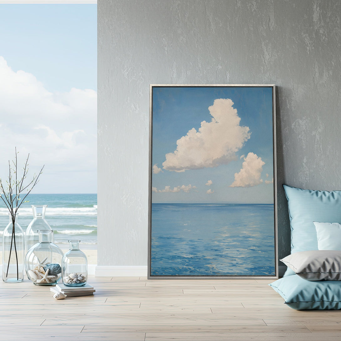 Framed Wall Art: Serene ocean landscape Canvas Print in calming blue tones. Coastal decor inspiration for a tranquil home.