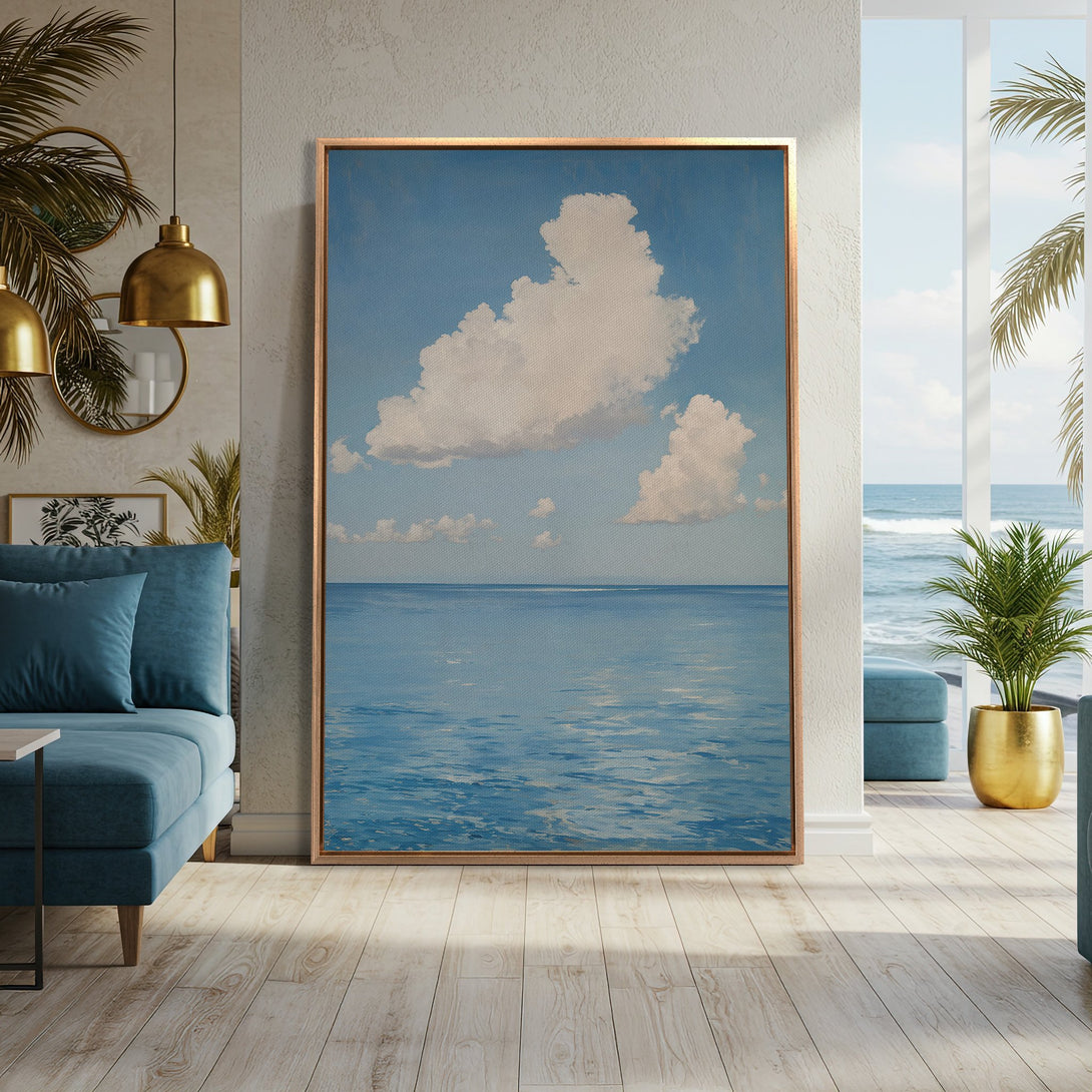 Framed Wall Art: Serene seascape canvas print in blue and white. Coastal art with a calming, minimalist style. Perfect for adding tranquility to any space.