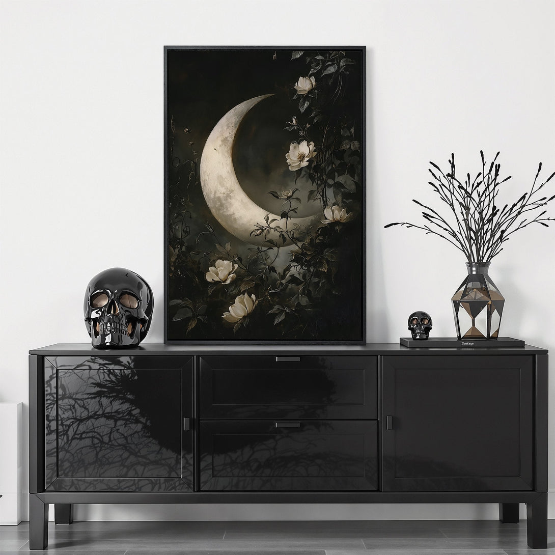 Framed Wall Art featuring a raven on a fence, abstract style with a moody gray and black color palette. Perfect for gothic home decor.