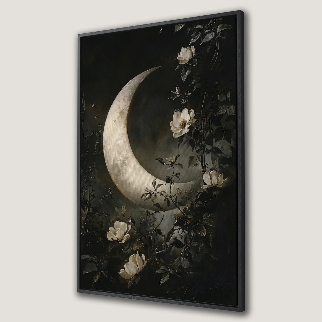 Framed Wall Art featuring a striking raven perched on a gate. Moody, abstract style with a black, gray, and gold color palette. Perfect gothic home decor.