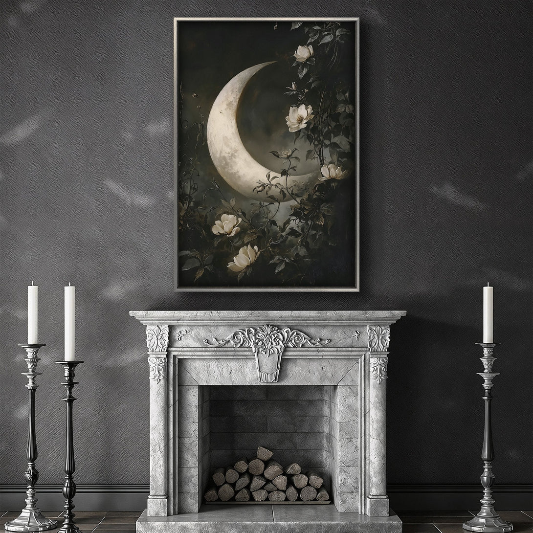 Framed Wall Art: Black raven perched on a gate, gothic style, with a moody gray and black color palette. Perfect for a dark and elegant interior.