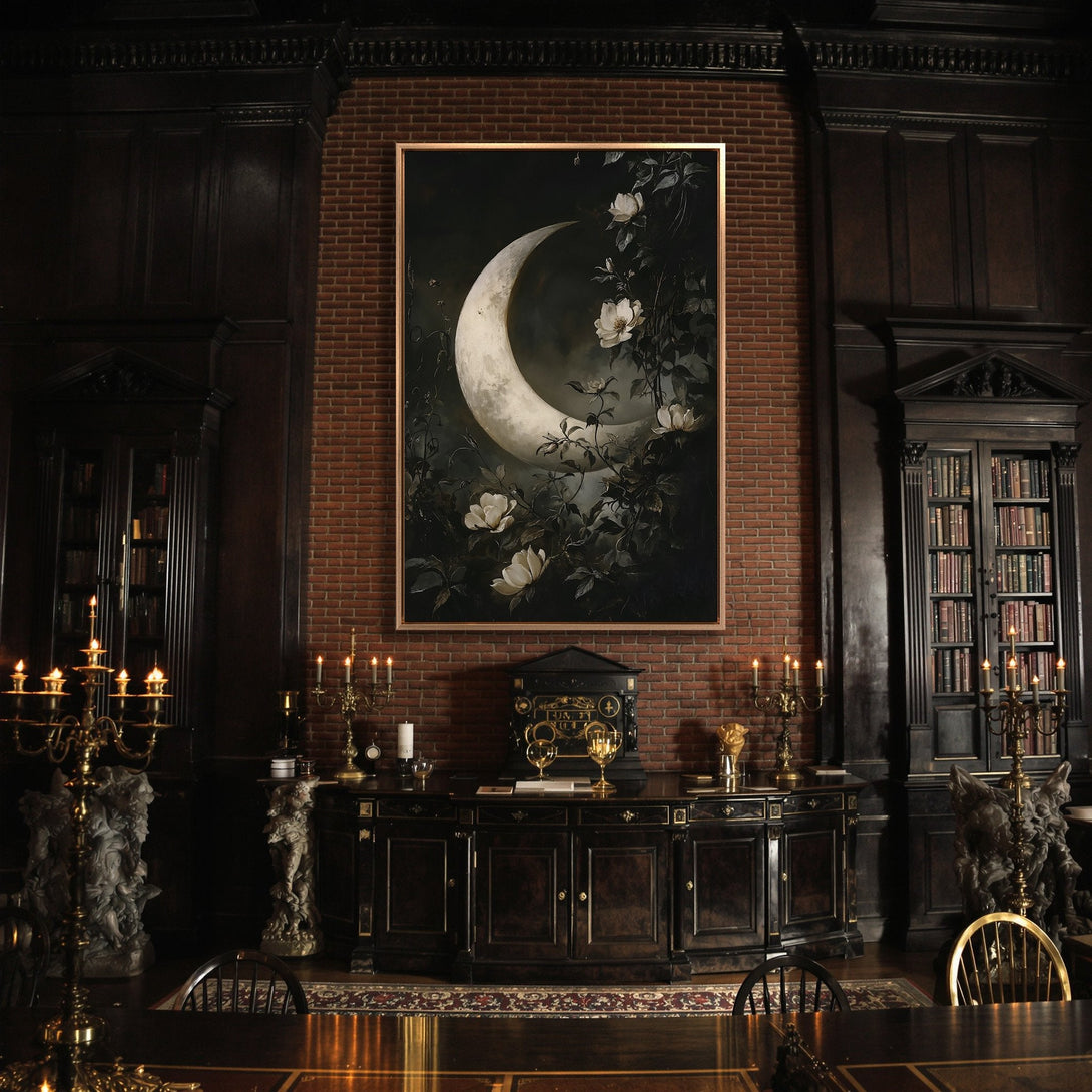 Framed Wall Art: Raven on a fence. Moody, gothic style canvas print with a dark, muted color palette. Perfect for adding a touch of mystery to your space.