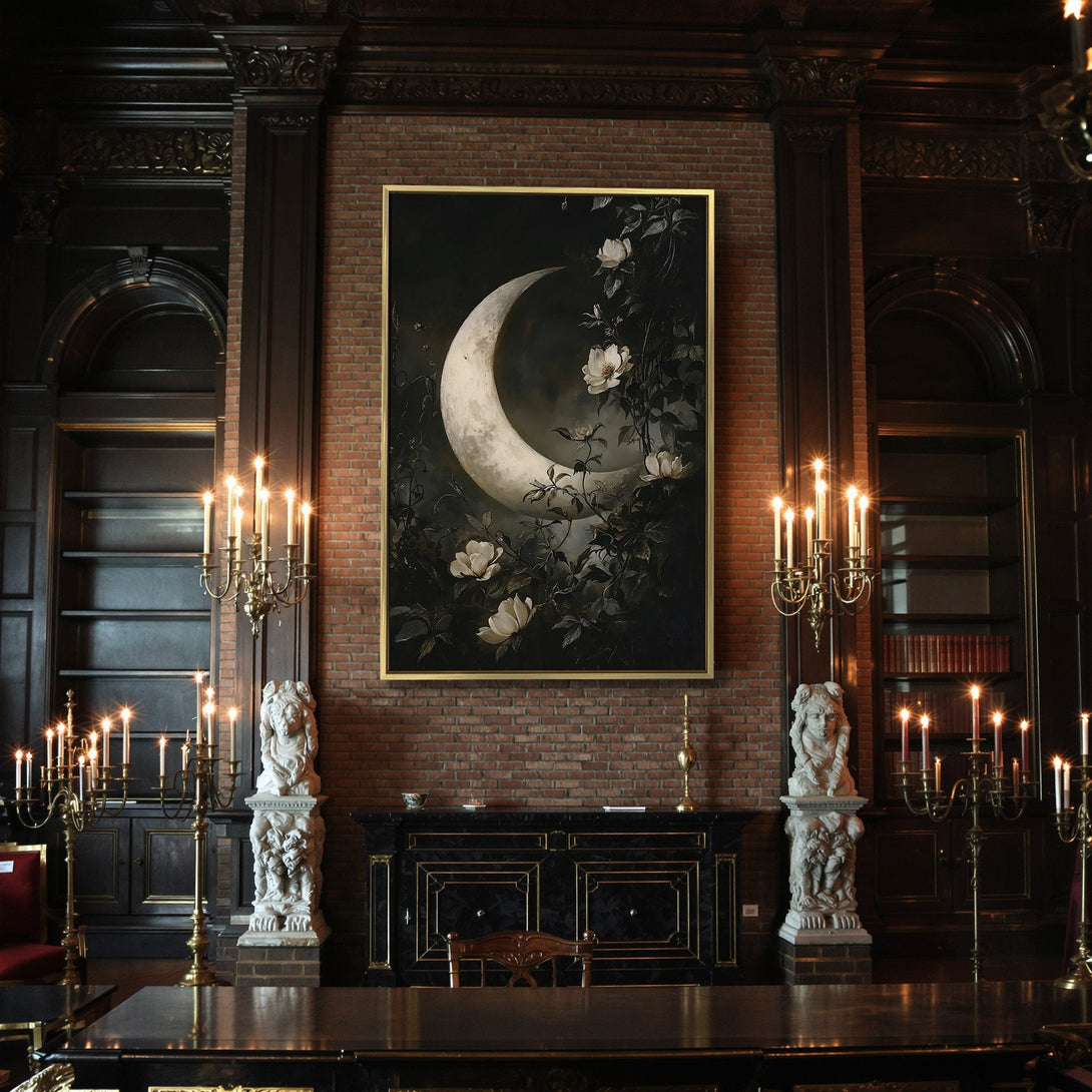Canvas Print: Dark raven art on a fence. Moody, gothic style with a muted blue, gray, and gold color palette. Perfect Halloween decor!