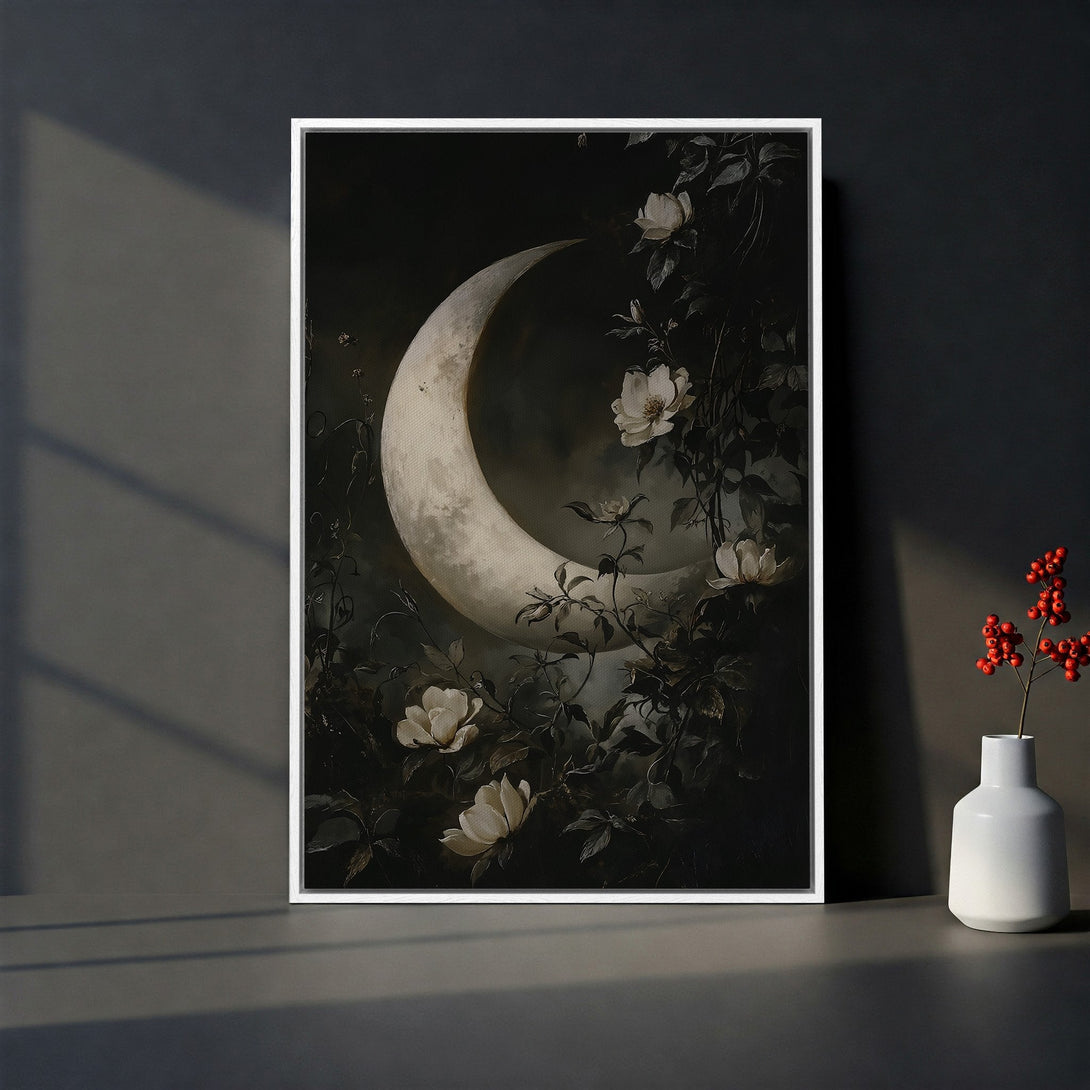 Framed Wall Art featuring a striking black raven on a wrought iron fence. Moody, abstract style with a dark, neutral color palette. Perfect for adding a touch of gothic charm.