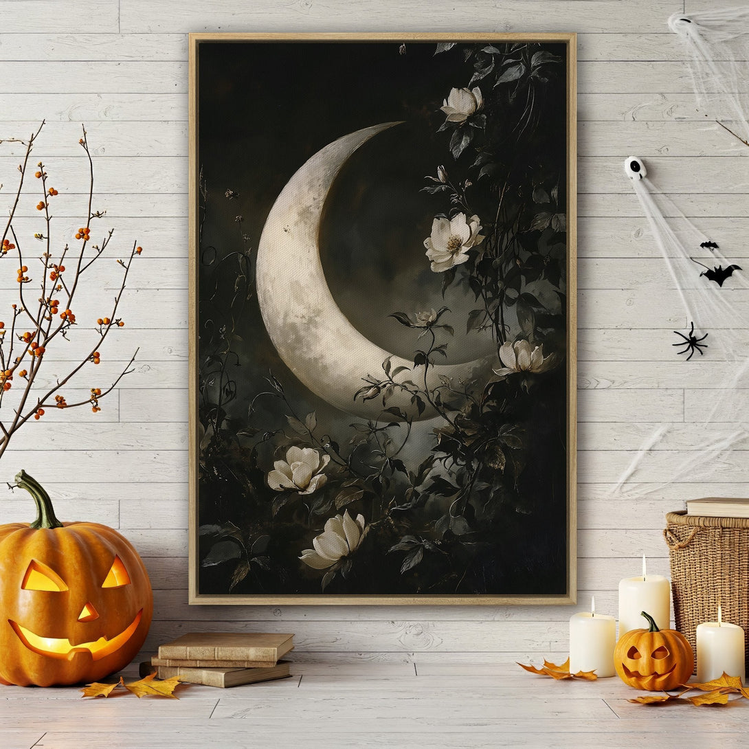Framed Wall Art featuring a raven on a gate, in a moody, abstract style with a black, gray, and gold color palette. Perfect Halloween decor.