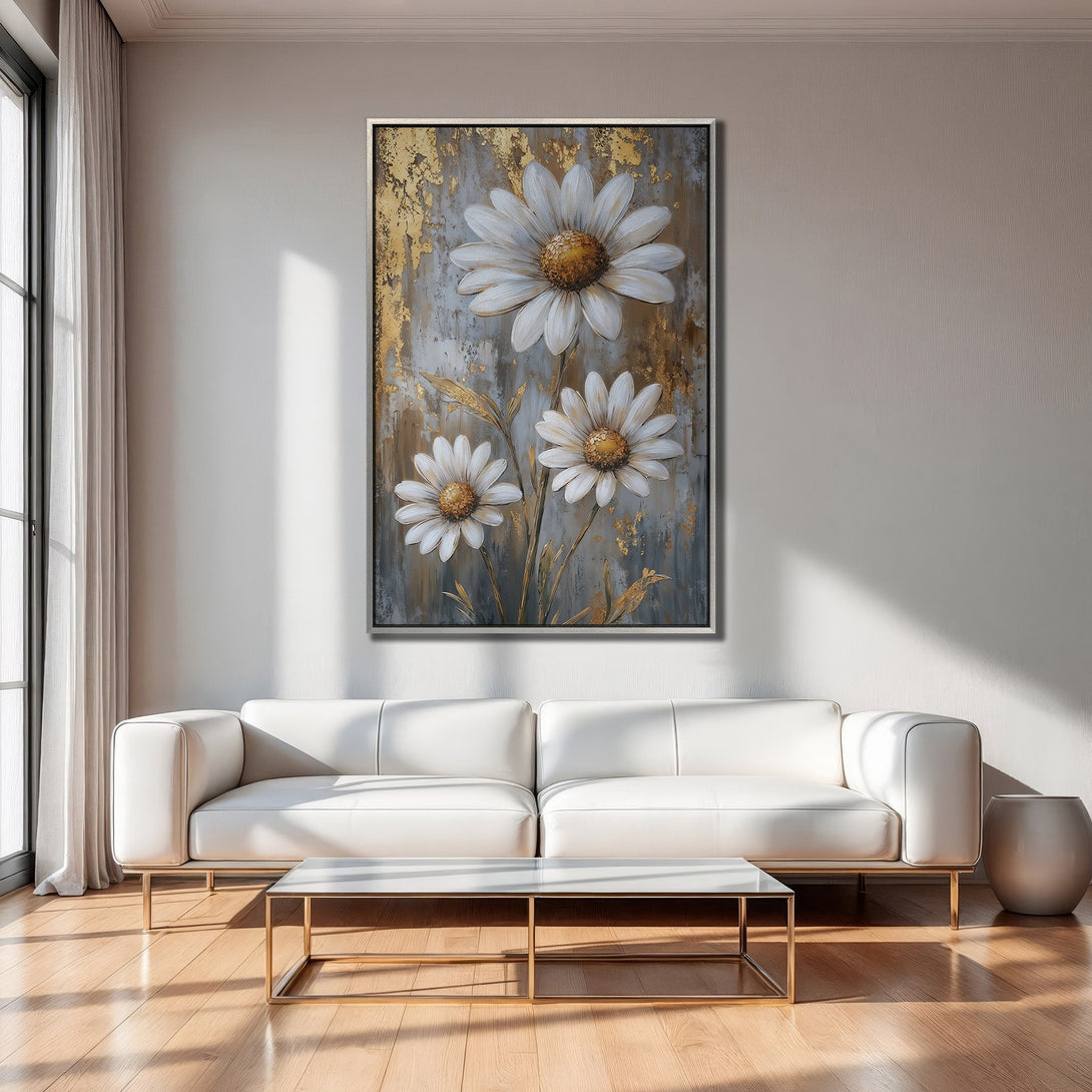 Framed Wall Art: Modern daisy painting with gold accents. Neutral color palette complements any decor. Elevate your space with this stunning canvas print!