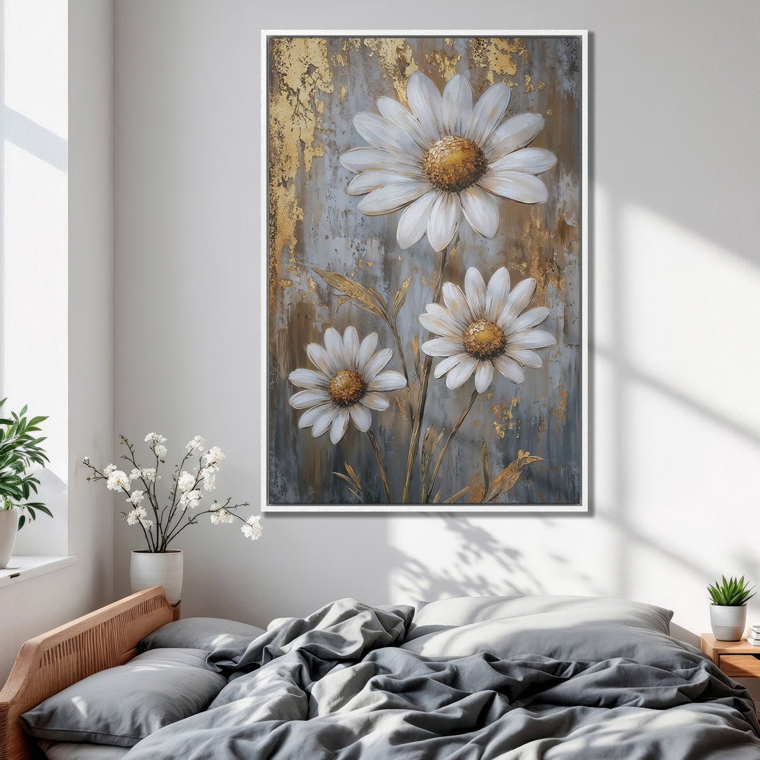 Framed Wall Art: Elegant daisy canvas print in a bedroom. Features a neutral color palette with gold accents, perfect for modern home decor.