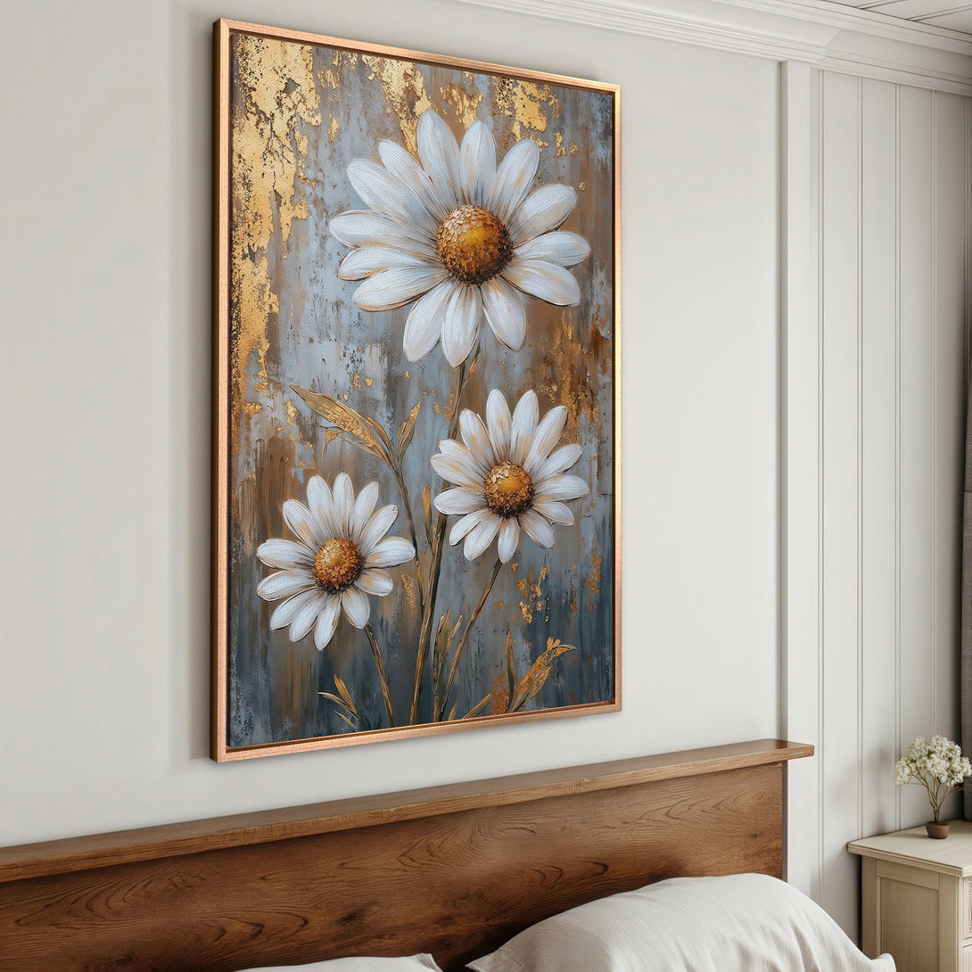 Framed Wall Art: Elegant daisy painting in gold, white, and grey tones. Perfect for bedroom decor. Abstract floral canvas print for a modern touch.