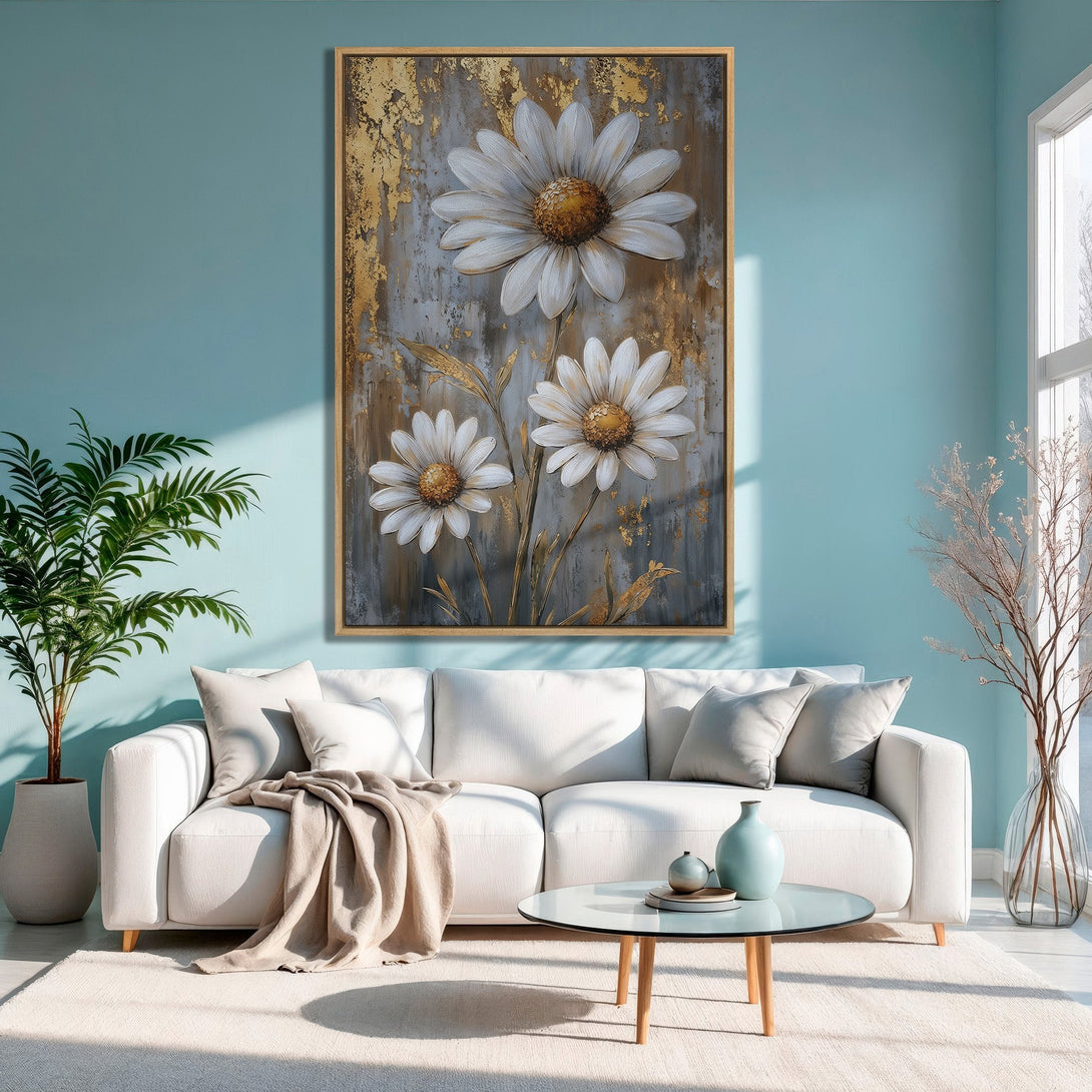 Framed Wall Art: Daisy flower painting in gold and gray tones. Modern floral art for a serene living room.