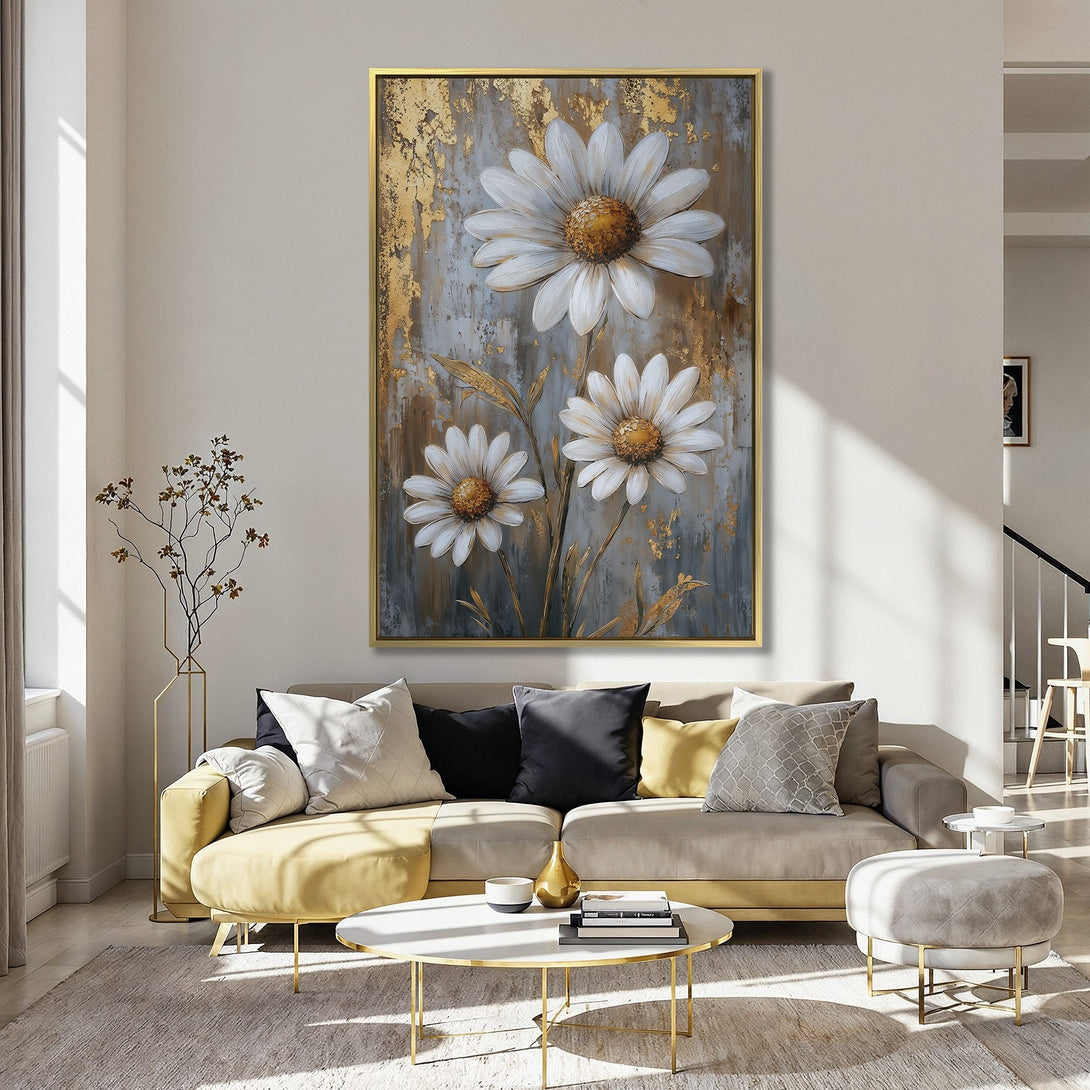 Canvas Print featuring daisy floral art with gold accents, displayed in a kitchen with a soft pink and neutral color palette. Add a touch of elegance!