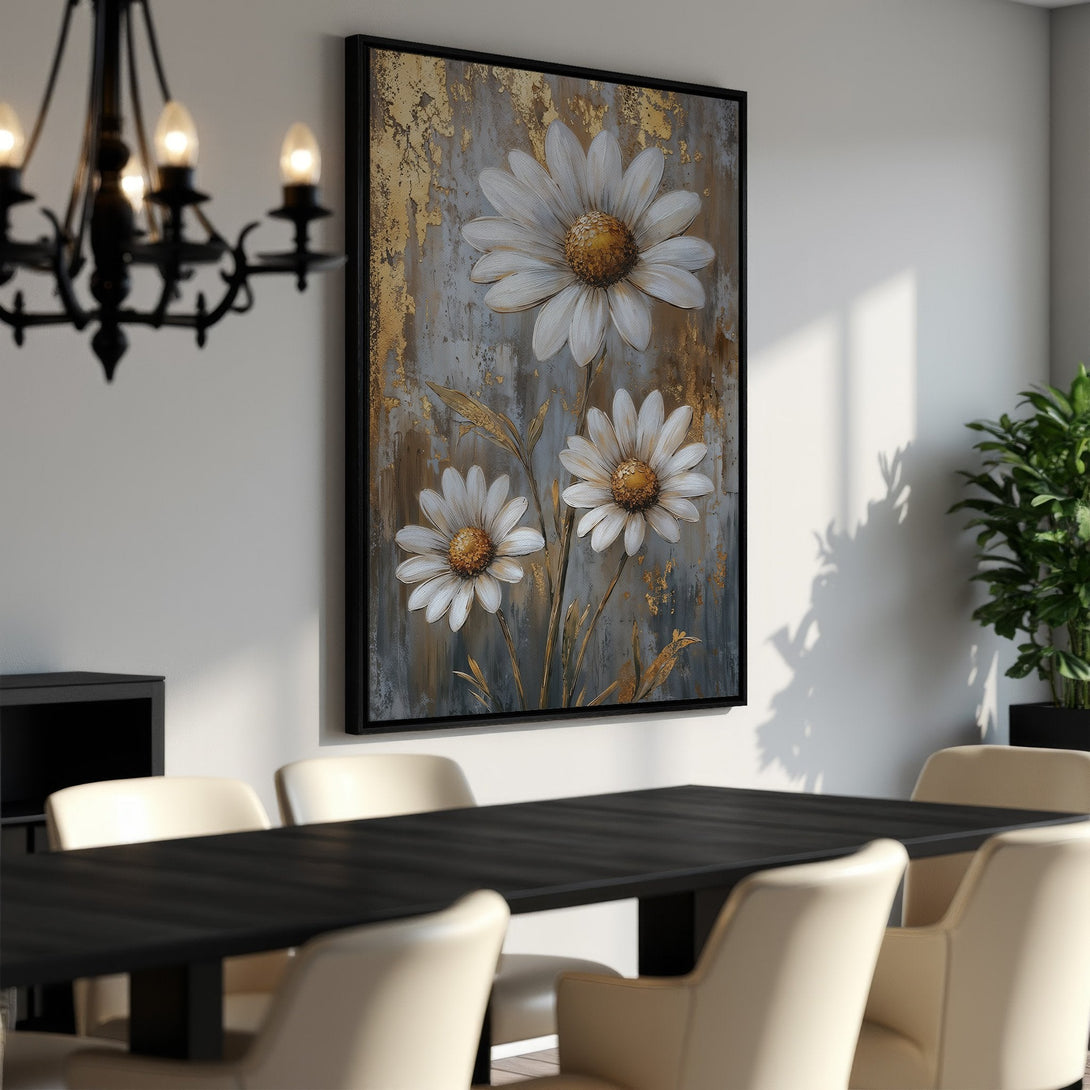 Framed Wall Art featuring white daisies with gold accents. Modern floral Canvas Print in a neutral gray and gold color palette, perfect for dining room decor.