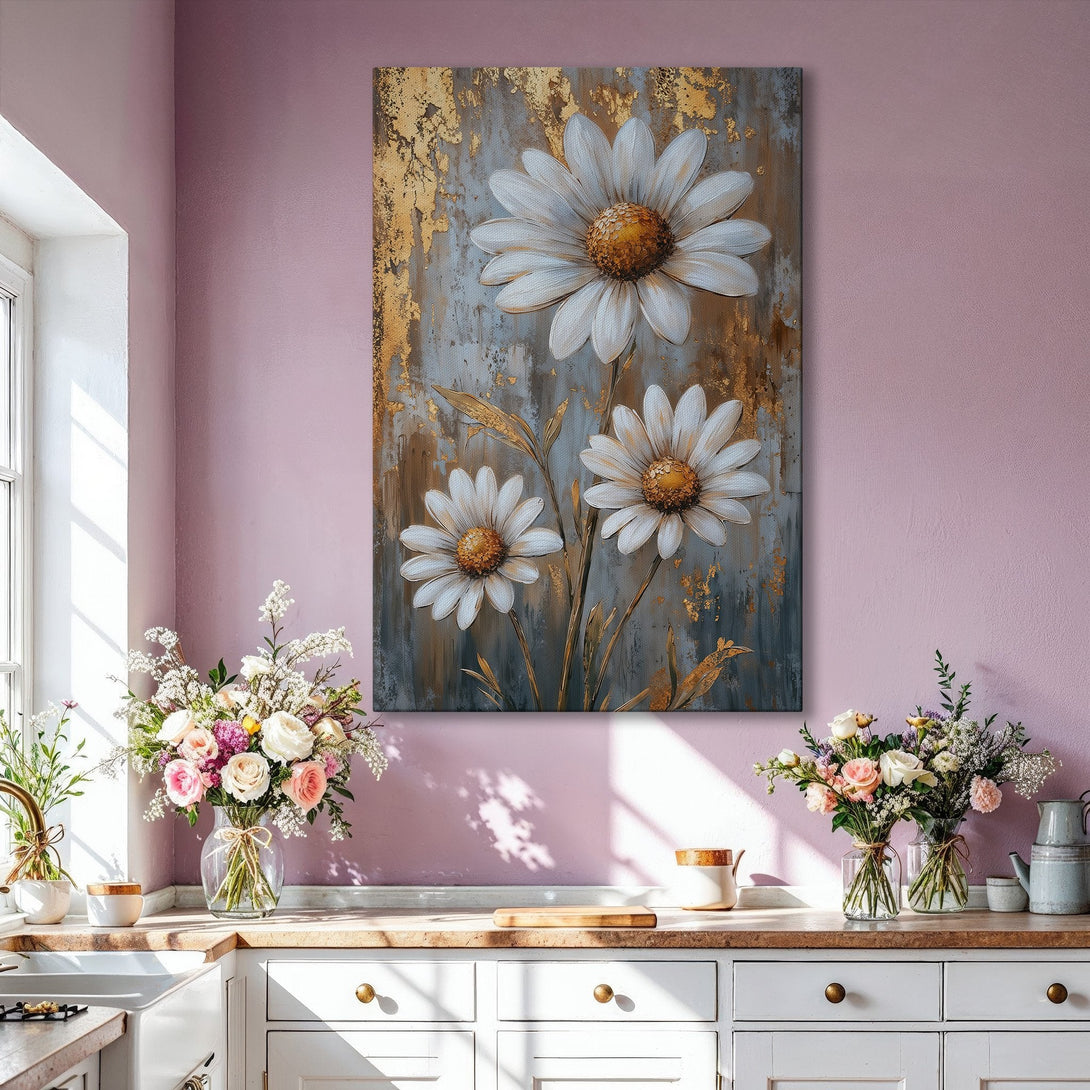 Framed Wall Art featuring white daisy flowers with gold accents. Modern abstract art in a neutral color palette, perfect for living room decor.